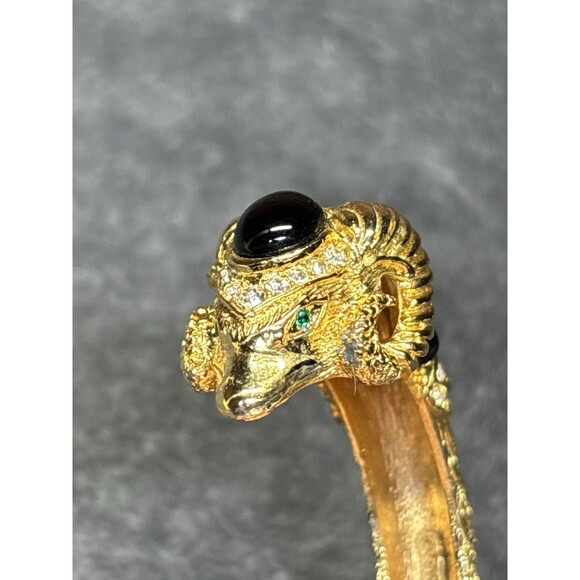 Vintage Craft Goldtone Rhinestone Black Cabochon Rams Head Clamper Bracelet - Picture 6 of 9